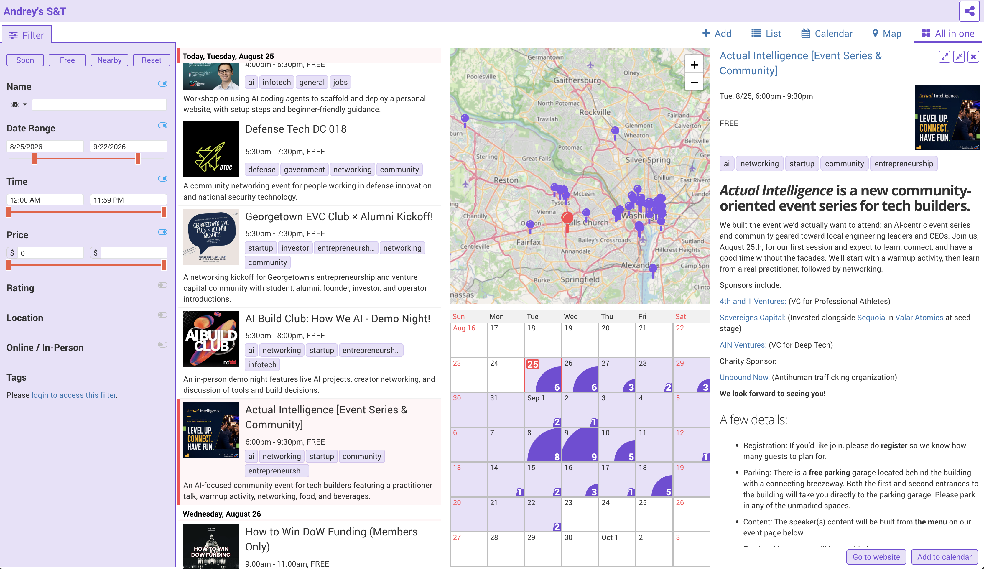 iXcelerator event discovery portal showing a filterable list, interactive map, and calendar of regional startup and tech events
